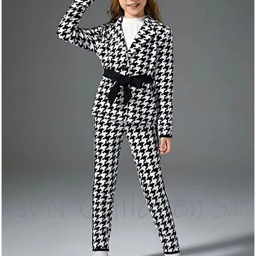 Chic Baby Girl Clothes 2 Piece Fashion Peaked Lapel Houndstooth Child Sets Casual Party Wedding Suit for Girls (Blazer+Pants)
