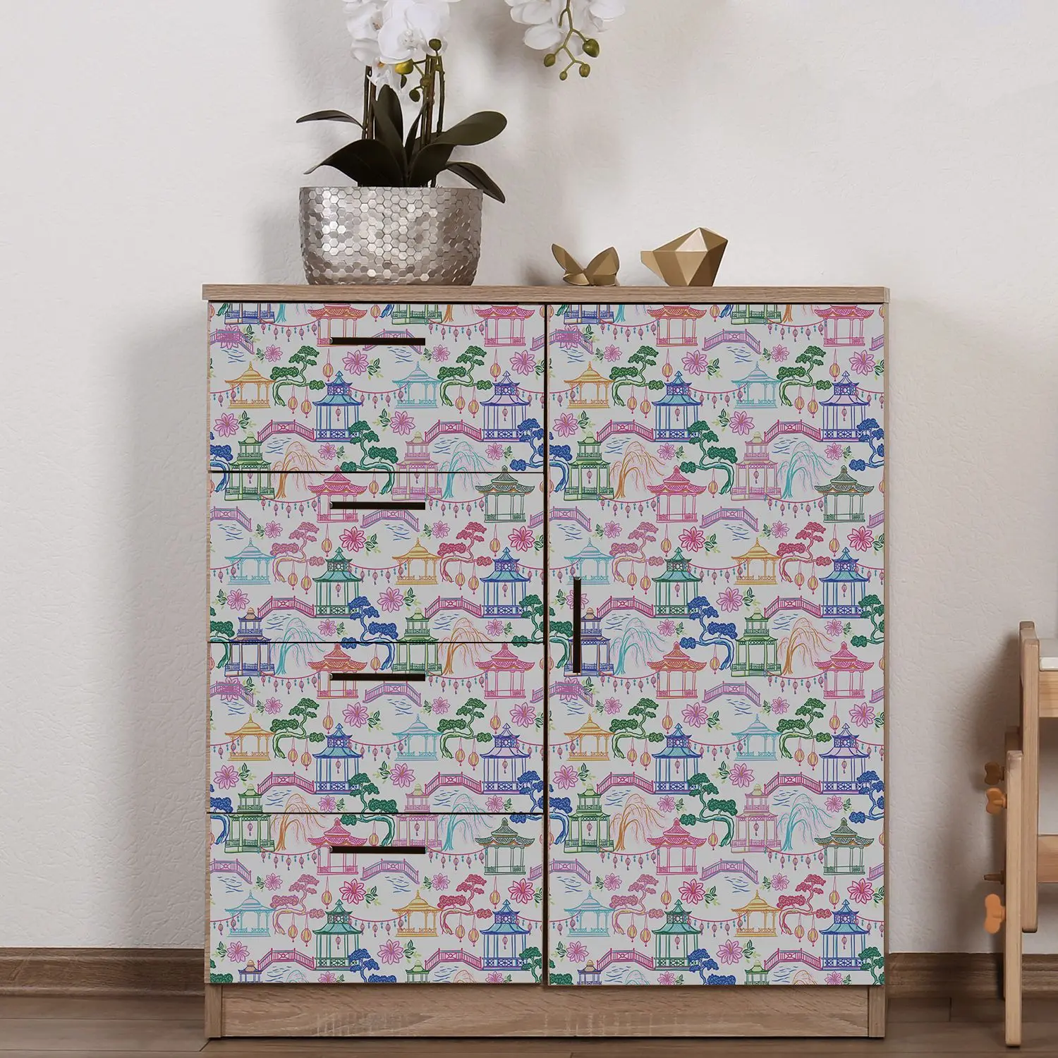Peel and Stick Wallpaper Chinese Pagoda Garden Pine Floral Print Wall Sticker Oriental Pavilion Bridge Wallcovering for Home