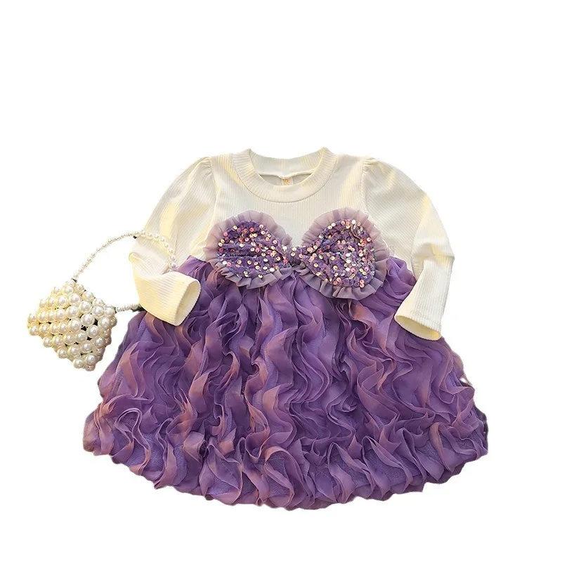 2024new girls\' autumn dress Internet celebrity puffy pink mesh round neck long sleeve sweet princess style skirt