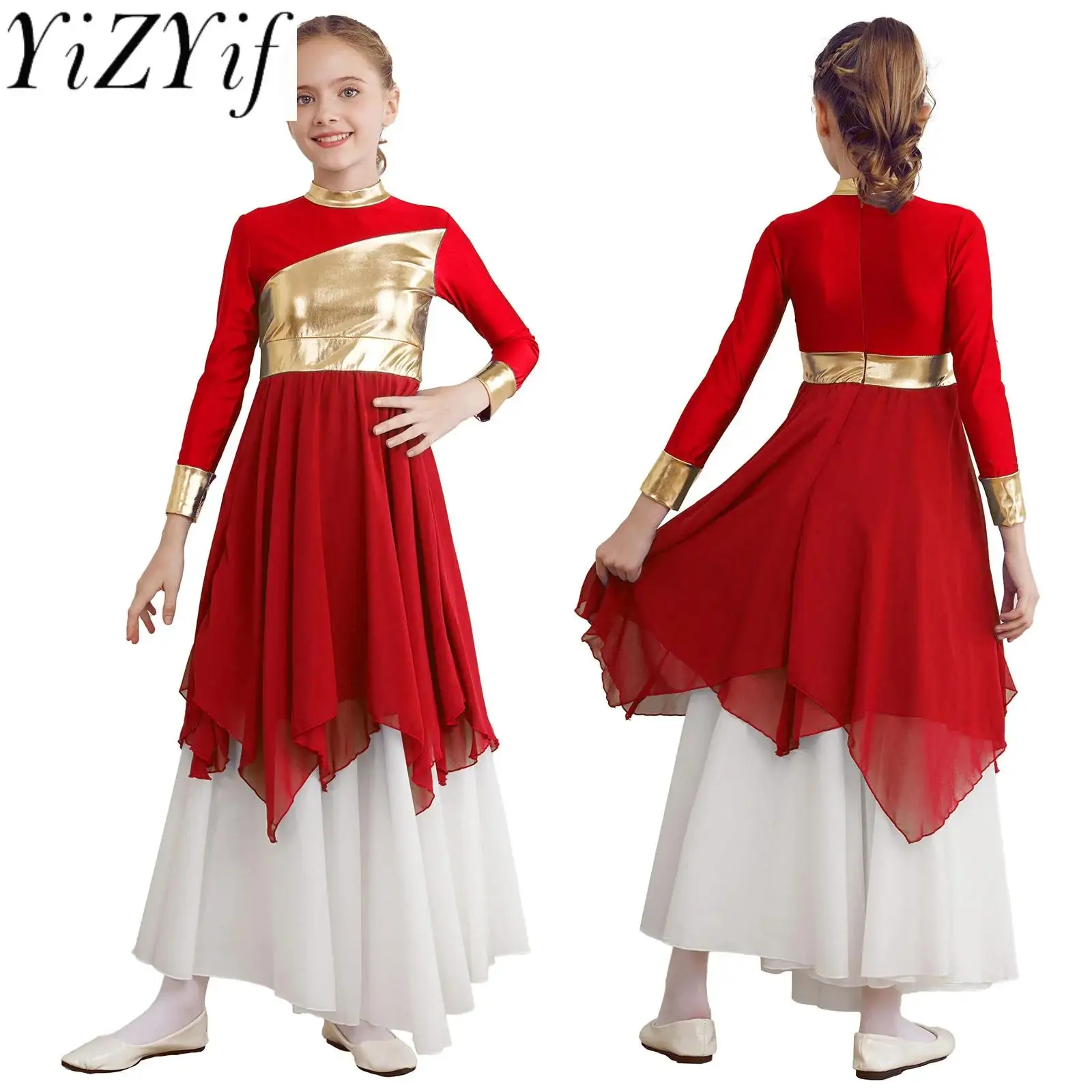 

Детское современное Lyrical платье для бальных танцев, балета, церкви, костюмированное платье с круглым воротником, бронзовая ткань, танцевальное платье с застежкой-молнией на спине