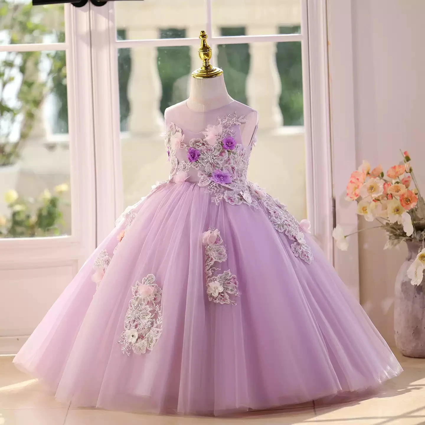 

KLFLGD Elegant girl long skirt tulle embroidered sequins high-end party evening dress girl piano performance evening dress