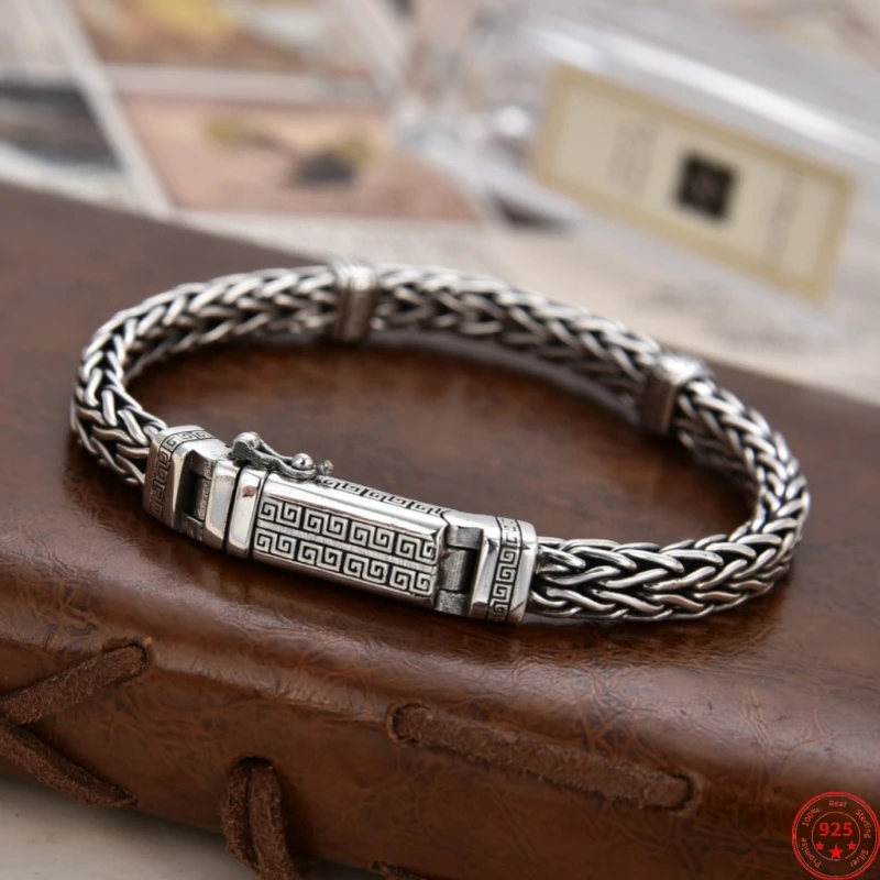 

S925 Sterling Silver Bracelets for Men Women New Fashion Ancient Totem Weaven 6.5mm Horsewhip-chain Punk Jewelry Free Shipping