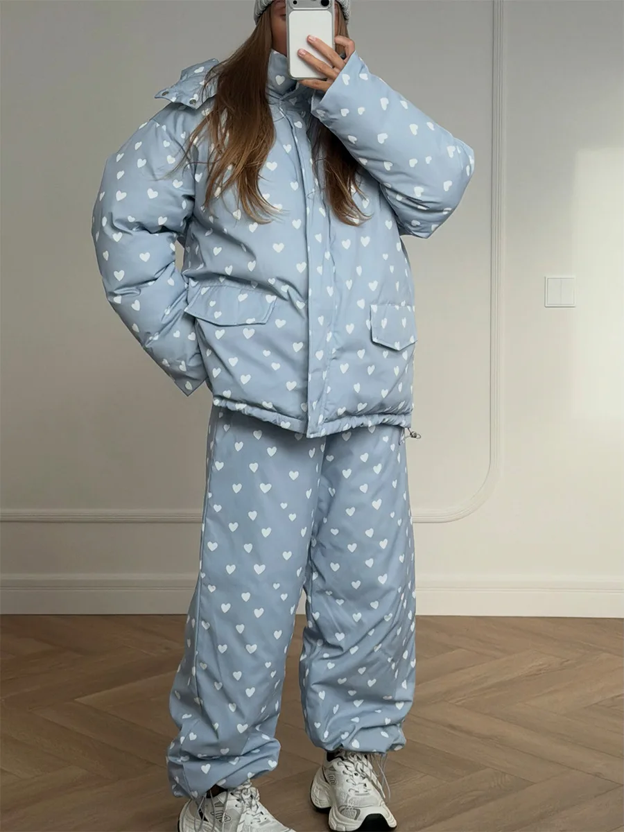 Bornladies Winter Women's Warm Hooded Cotton Jacket with Heart-shaped Printed High Neck Cotton Jacket and Pants Two-piece Set