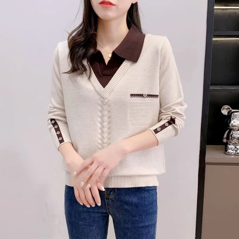 Autumn Winter Women's Pullover Turn-down Collar Solid Button Screw Thread Rivet Long Sleeve Sweater Knitted Casual Elegant Tops