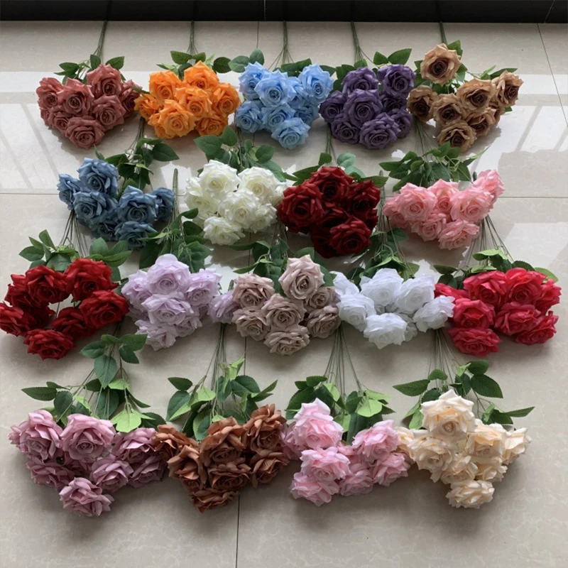 9 رؤساء الماس الورود باقة زهرة اصطناعية الوردي الأحمر الأزرق الأبيض روز وهمية غرفة المعيشة الديكور الزفاف #2