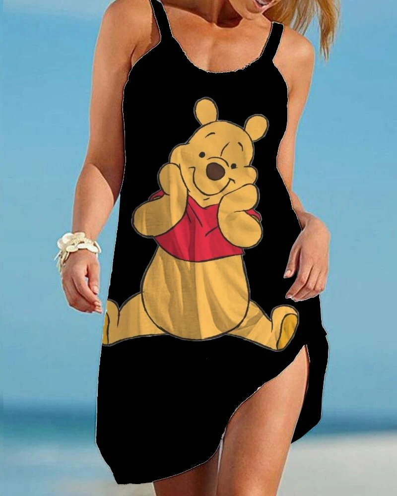 Disney-Mini robe dos nu à bretelles spaghetti pour femmes, Winnie l\'ourson, robe d\'été sexy, robe de plage à volants, robe de soirée en fibre, été