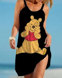 Summer Disney Winnie the Pooh Mini Dress Sexy Spaghetti Strap Backless Dress Beach Ruffle Sleeveless Sundress Women Party Dress