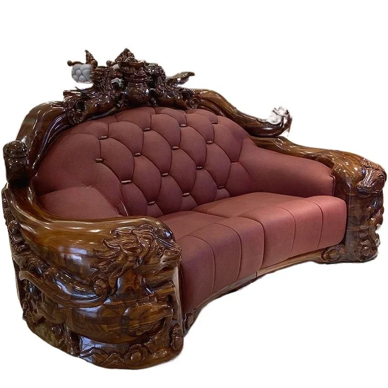 High-end ebony leather sofa horse to success engraved villa living room solid wood combination twelve life horse furniture