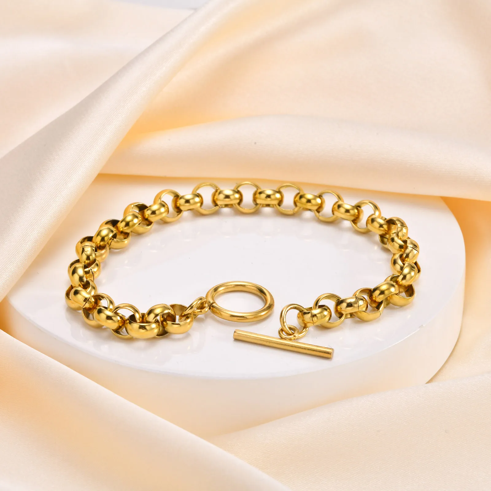 Vnox Stainless Steel Belcher Rolo Bracelet, Simple Women Metal Link Chain Wristband, T Bar Toggle Clasp fit 18cm Wrist