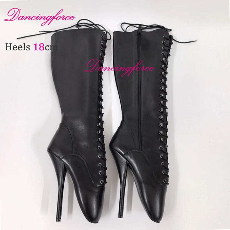 Dancingforce Stiletto Black Patent 18cm Sexy Fetish Ballet Shoes Extreme High Heel Women Knee High Ballet Boots Lace Up