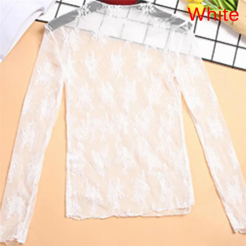 Korea Stil Mesh T Shirt Spitze Blume Unter Shirt Langarm Transparent T-shirt Sexy Schwarz Spitze Durchsichtig Mesh T Tops Frauen – Detail 17