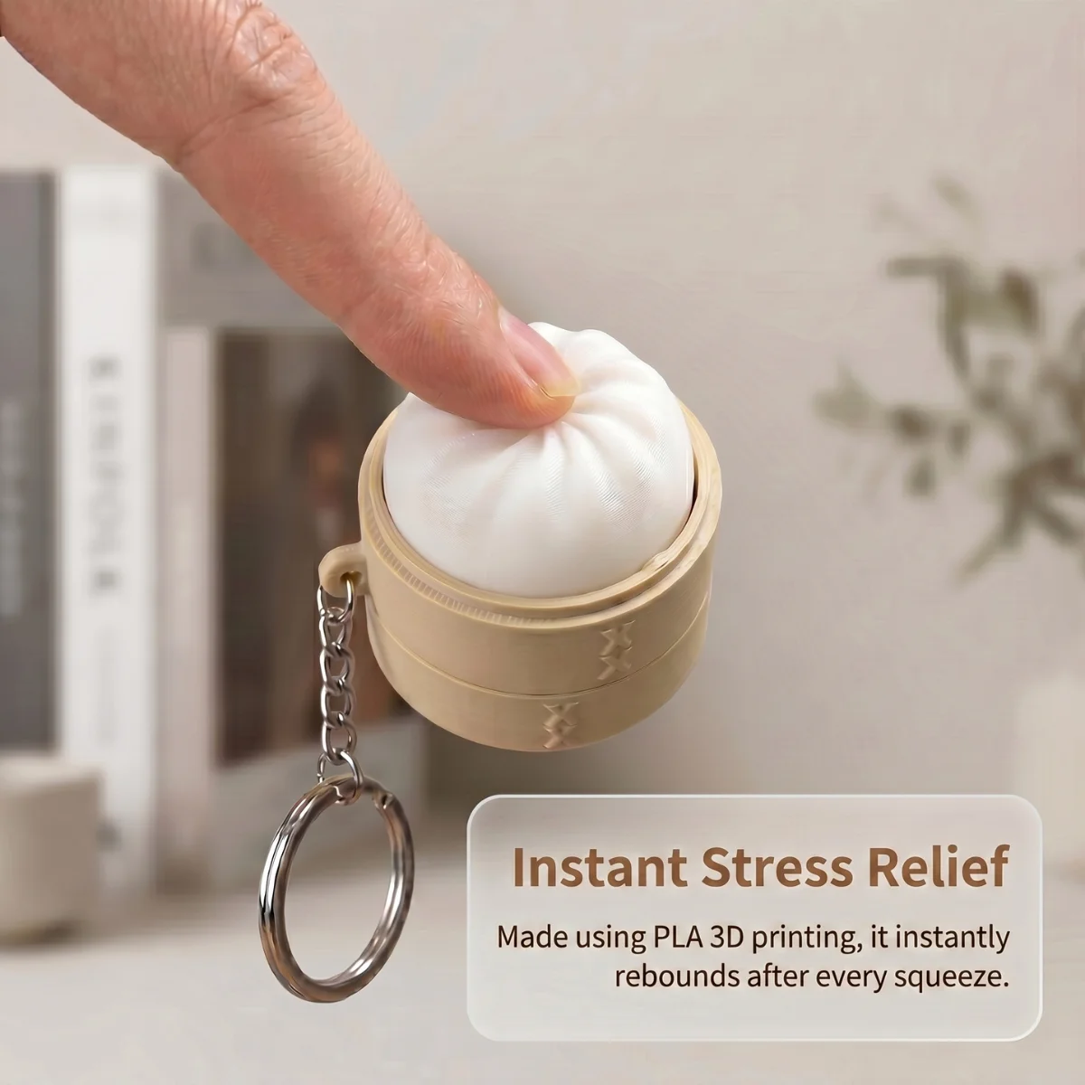 Cute Steamed Bun Fidget Keychain, Dumpling Bag Charm with Bamboo Steamer & Weave Pattern Design