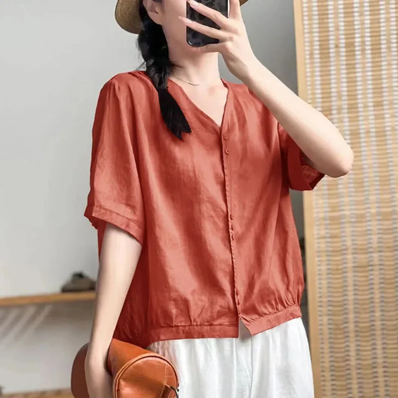 

Женская льняная рубашка с V-образным вырезом, повседневная свободная блузка в стиле ретро с коротким рукавом, летняя дышащая блузка на пуговицах