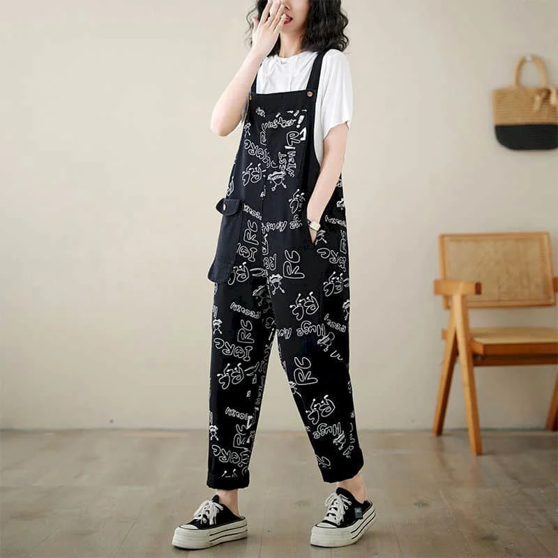 جمبسوت من قماش الدنيم للنساء تصميم حروف سراويلي حريمي فضفاض عالي الخصر بنطلون وزرة للنساء ملابس قطعة واحدة بلايسوت