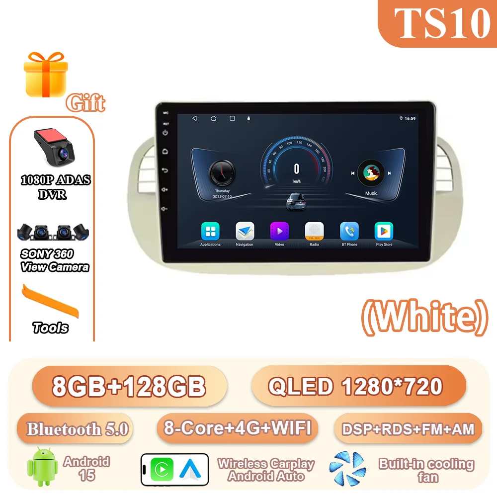 9 ''Android 15 Autoradio Stereo Voor Fiat 500 2007-2015 Auto GPS Navigatie Stuurbediening Multimedia Carplay 4G + WIFI
