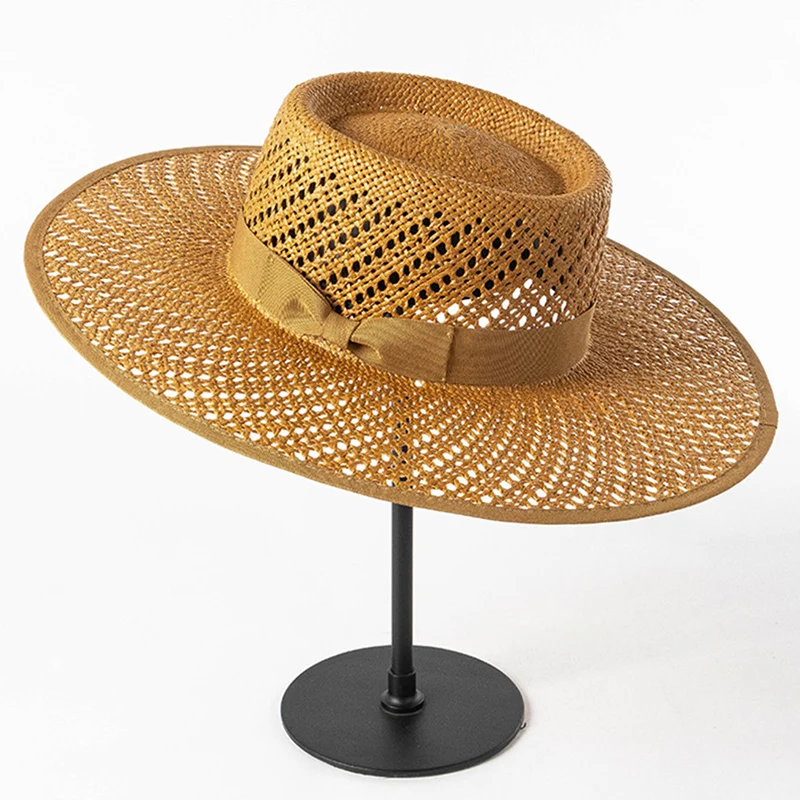 

Women Summer Hats Black Coffee Ribbon Bow Straw Hat