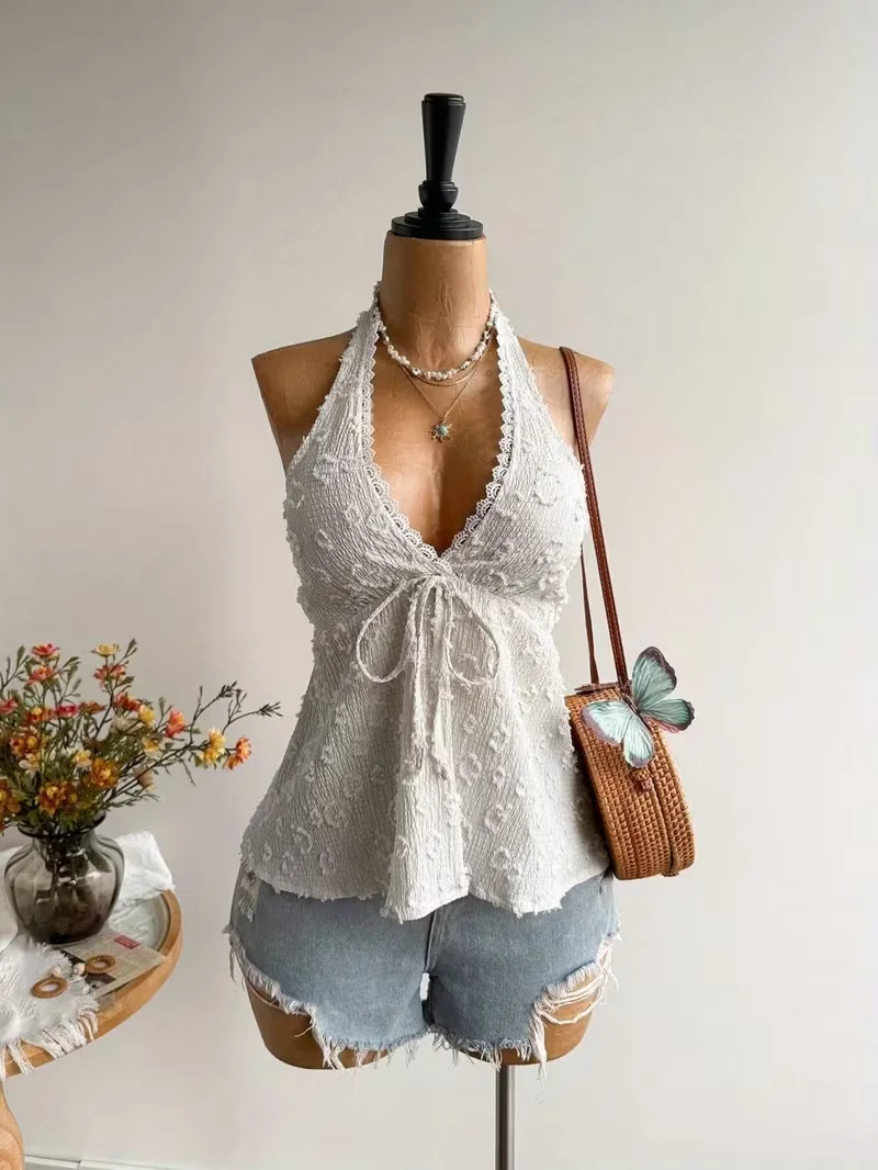 Ladies' Summer V-neck Lace Neck Strap Off Shoulder Leisure Vacation Easter Beach Wear Music Festival Top image 3