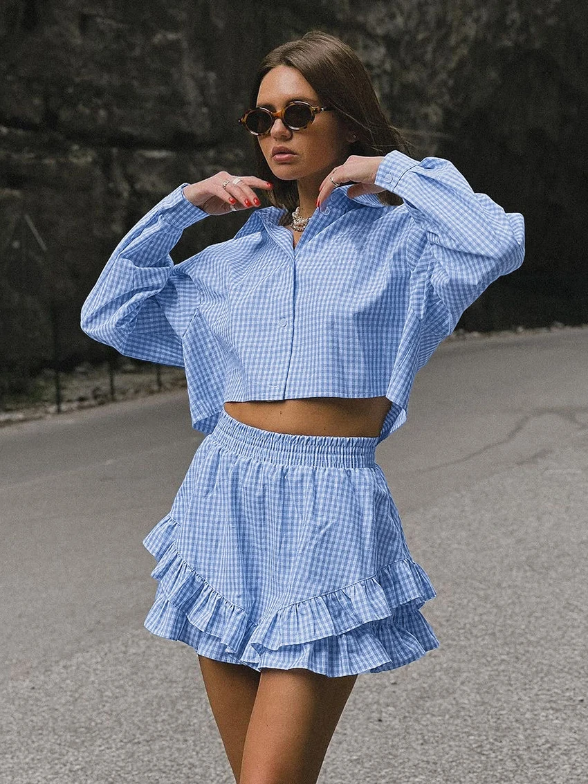 

Marthaqiqi Casual Ladies Nightgowns Suit Long Sleeve Nightie Crop Top Pajama Turn-Down Collar Sleepwear Shorts Plaid Pyjamas Set