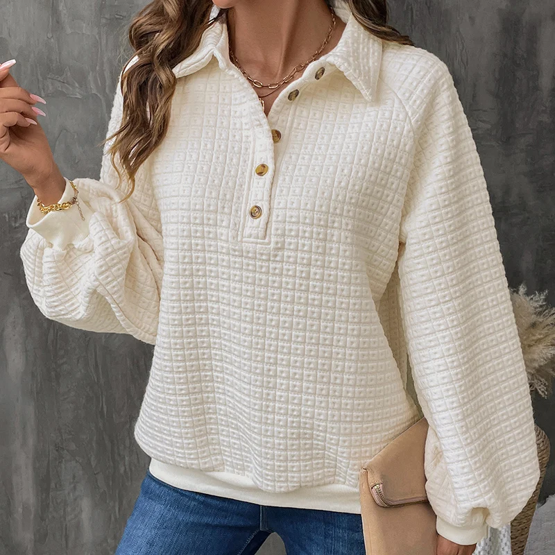 

Women's Creamy-White Textured Knit Polo Collar Sweatshirt - Casual Loose Lantern Sleeve Half-Button Pullover Top