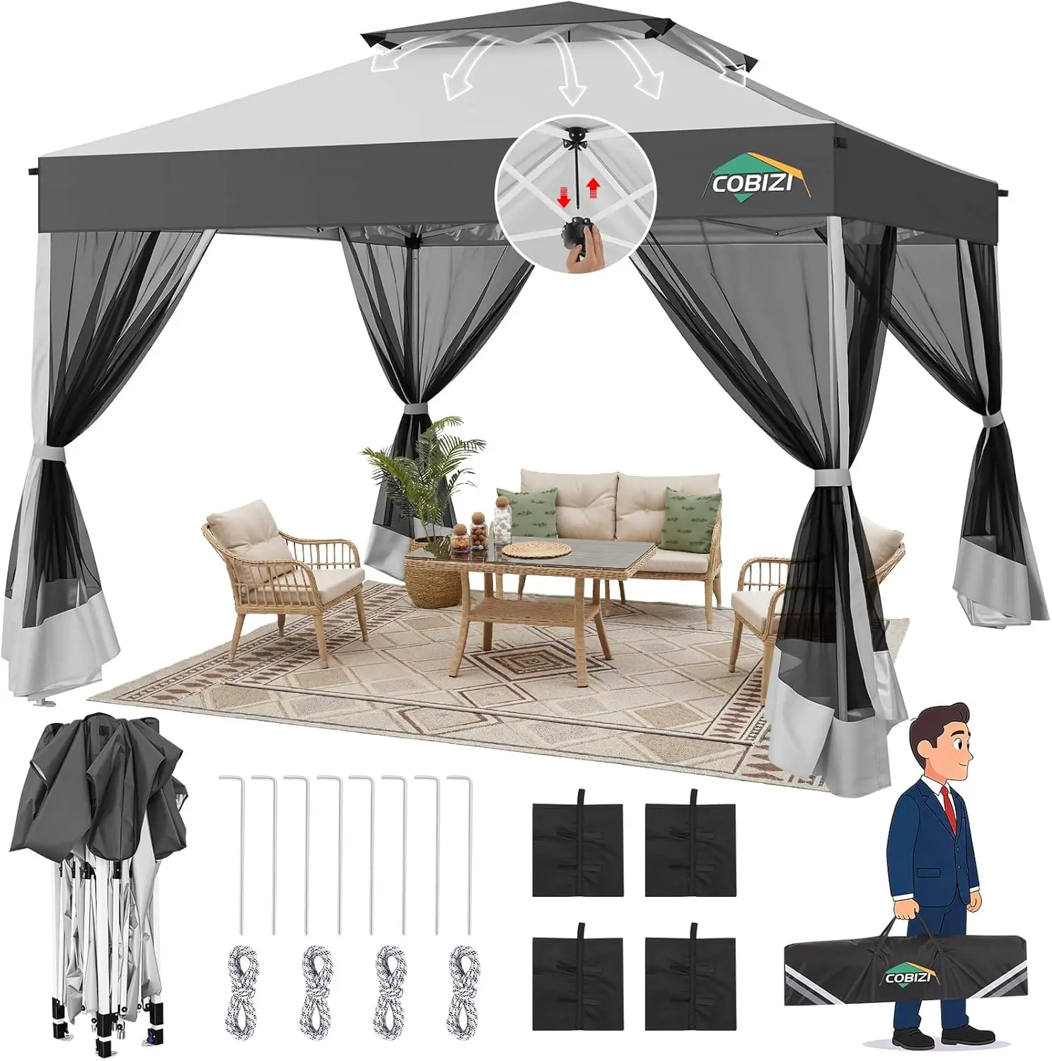 10x10ft Pop Up Gazebo Pavilion With Mosquito Netting With Dual Vent Roof Screen Tent Canopy For Backyard Patio Commercial Event