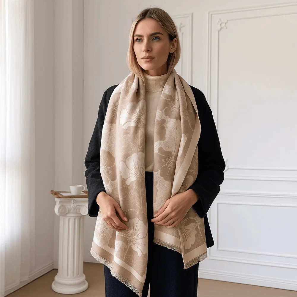 

Элегантный шарф из искусственного кашемира с рисунком листьев, теплое холодостойкое одеяло, шарф, ветрозащитная мягкая шаль с бахромой для зимнего сезона