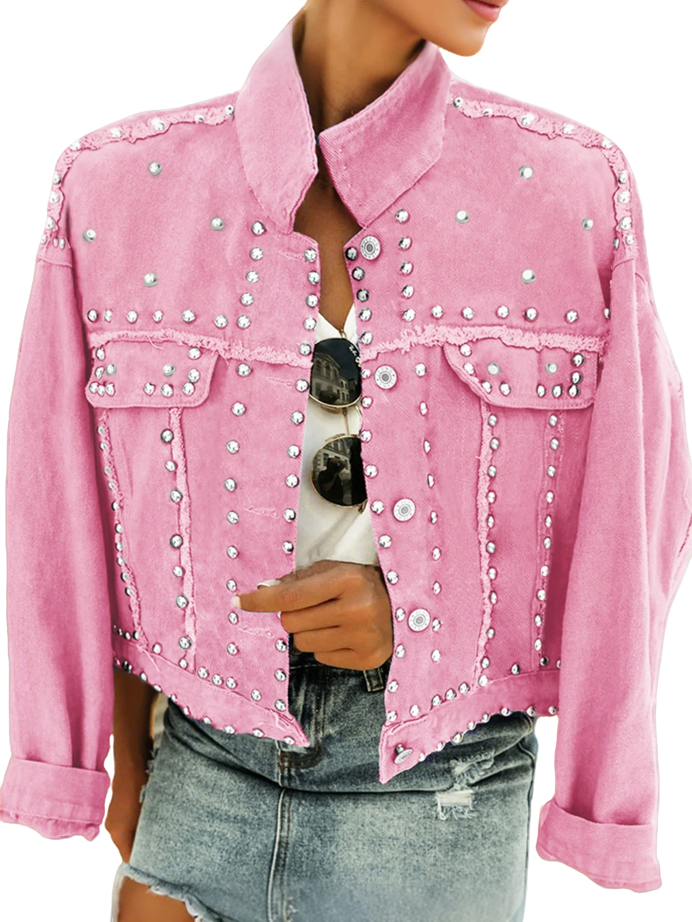 プラスサイズ レディース ルーズ ロカビリー デニムジャケット スタッズ付き ウォッシュドスタイル レディース オーバーサイズ ジーンズジャケット
