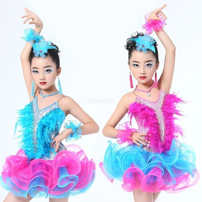 

Children Professional Latin Dance Dress for Girls Ballroom Dance Competition Dresses sequin featherNew fringed Latin dance dress