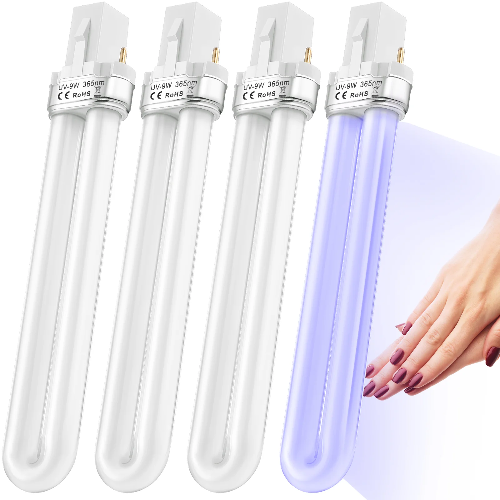 เครื่องเป่าเล็บ UV จำนวน4ชิ้นหลอดไฟสำหรับเปลี่ยนหลอดไฟรางไฟ LED อุปกรณ์เสริม365nm รูปตัวยู9วัตต์