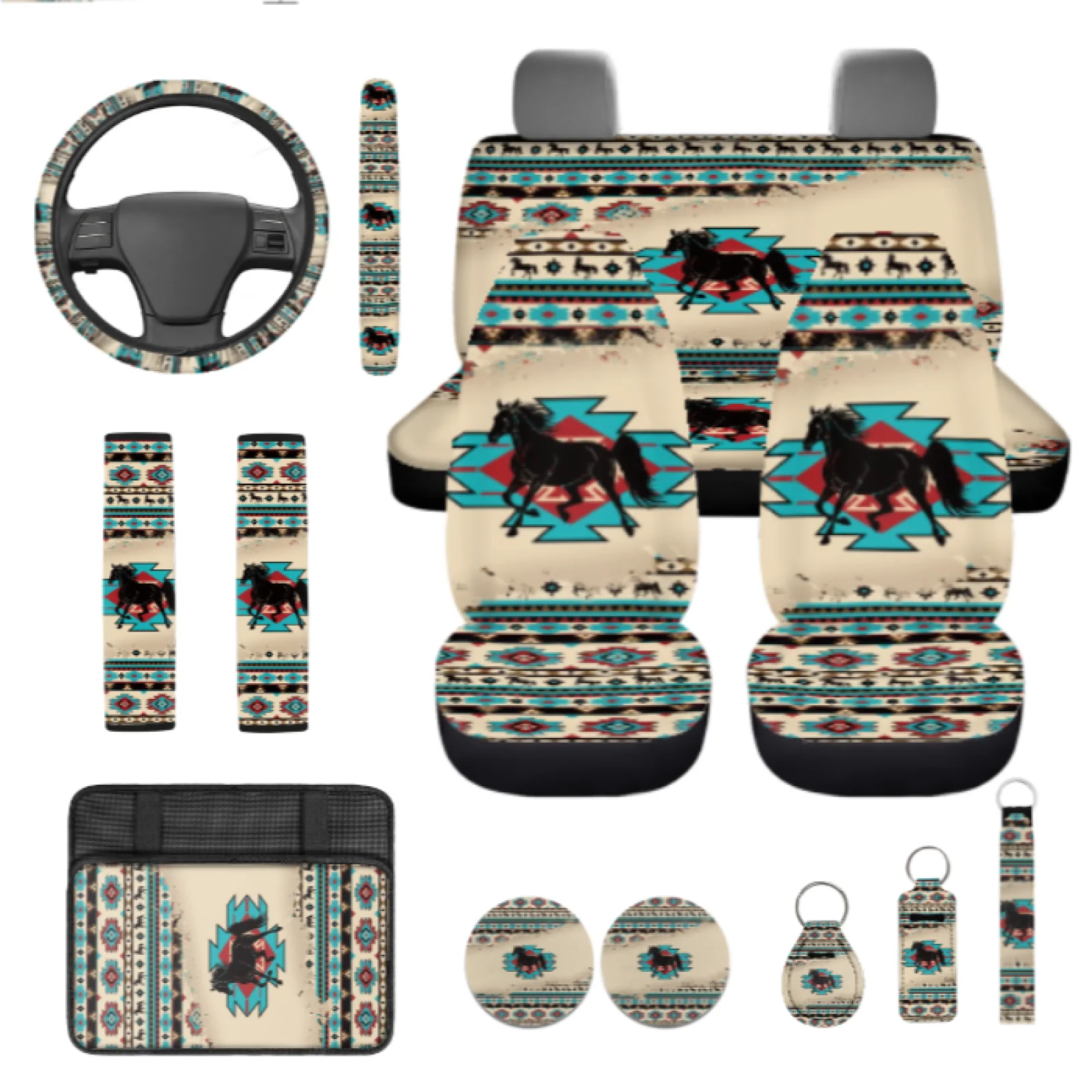 Coloranimal Horse 13 PCS Auto Interior Accessories Set with Comfortable Lipstick Cover and Steering Wheel Cover for Most Cars