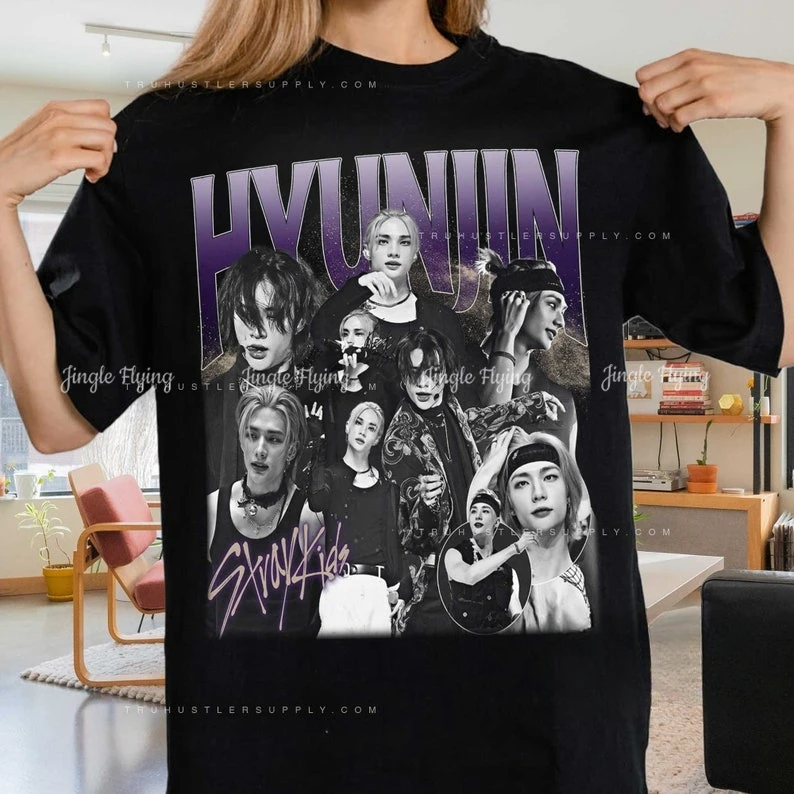 

Hyunjin Straykids Kpop Inspired Vintage Graphic Retro Bootleg Tshirt Fashion Round Neck Streetwear Top Clothing