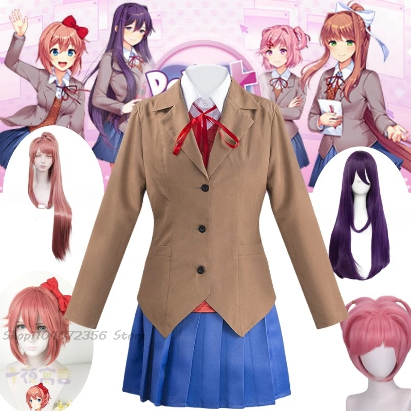 Anime Doki Doki Literature Club Monika Cosplay Costumes Sayori Yuri Natsuki Halloween Costumes for Women Dress Vestido Clothing