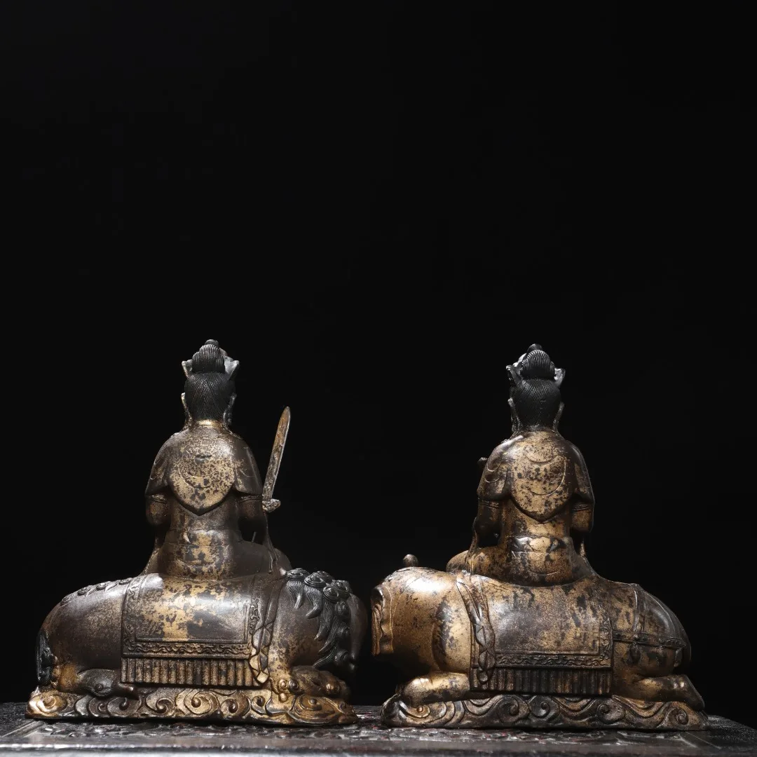 Old Bronze Gilded Cinnabar Mud gold Manjusri Bodhisattva Samantabhadra Sitting Buddha Mount divine beast Amitabha  Worship Hall