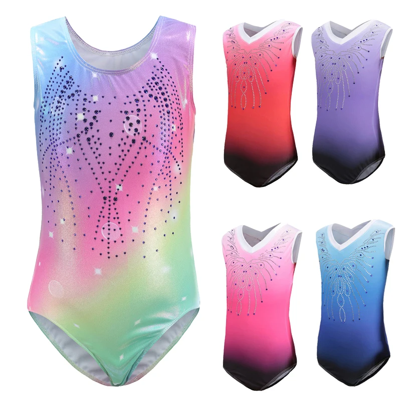 Kids Girls Sleeveless Mesh Diamonds Ballet Dance Leotard Gymnastics Bodysuit Dancewear Figure Ice Skating Performance Clothes