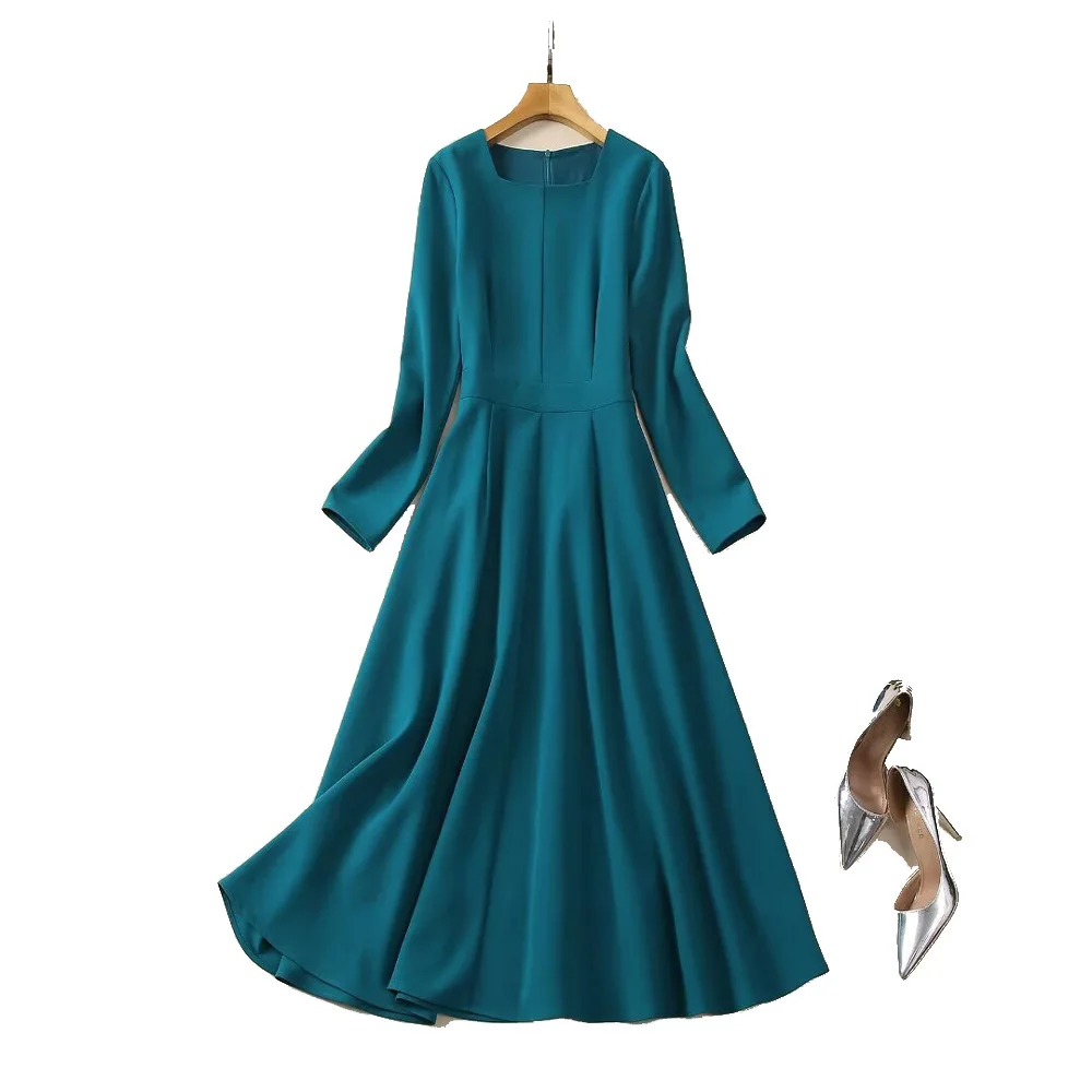 

High Quality Queen Same Style Spring /Summer New Women's Square Neckline Long Sleeved Green Waistband Mid Length Elegant Dress