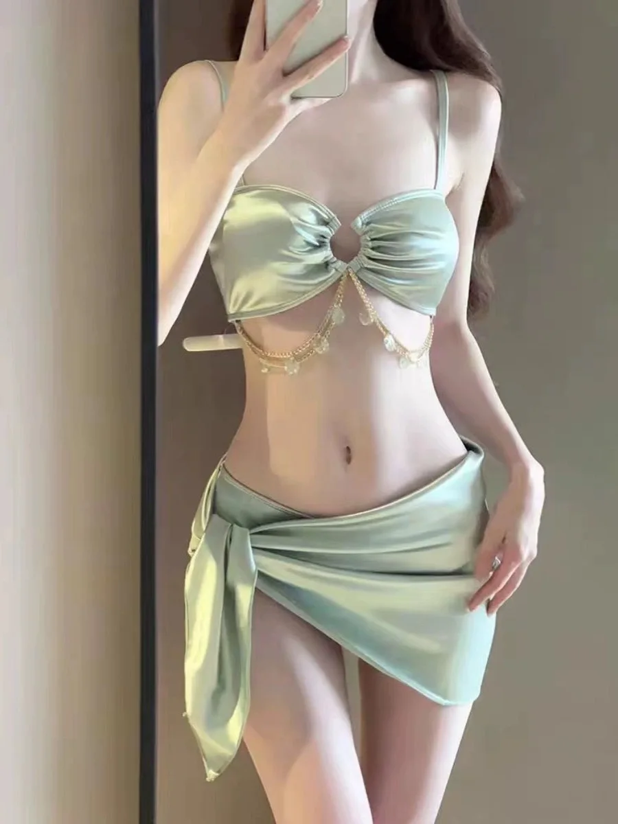 Light Green 3 Piece Swimsuit for Women,2024 New Solid Color Chain Bikini Set,summer Beach Vacation Skirt Swimwear Bathing Suit