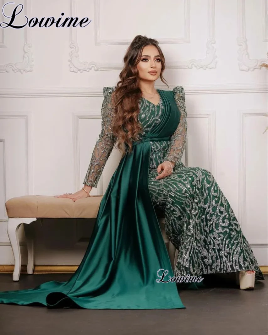 Plus Size Green Evening Dresses Arabic Long Sleeves Formal Occasion Dresses Middle East Wedding Guests Dresses Robes De Soirée