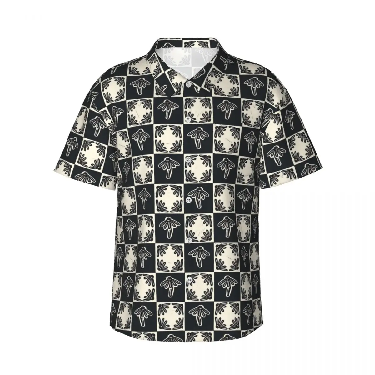 

Black And White Check Print Hawaii Shirt Men Beach Daisy Block Casual Shirts Short Sleeve Fashion Classic Oversize Blouses