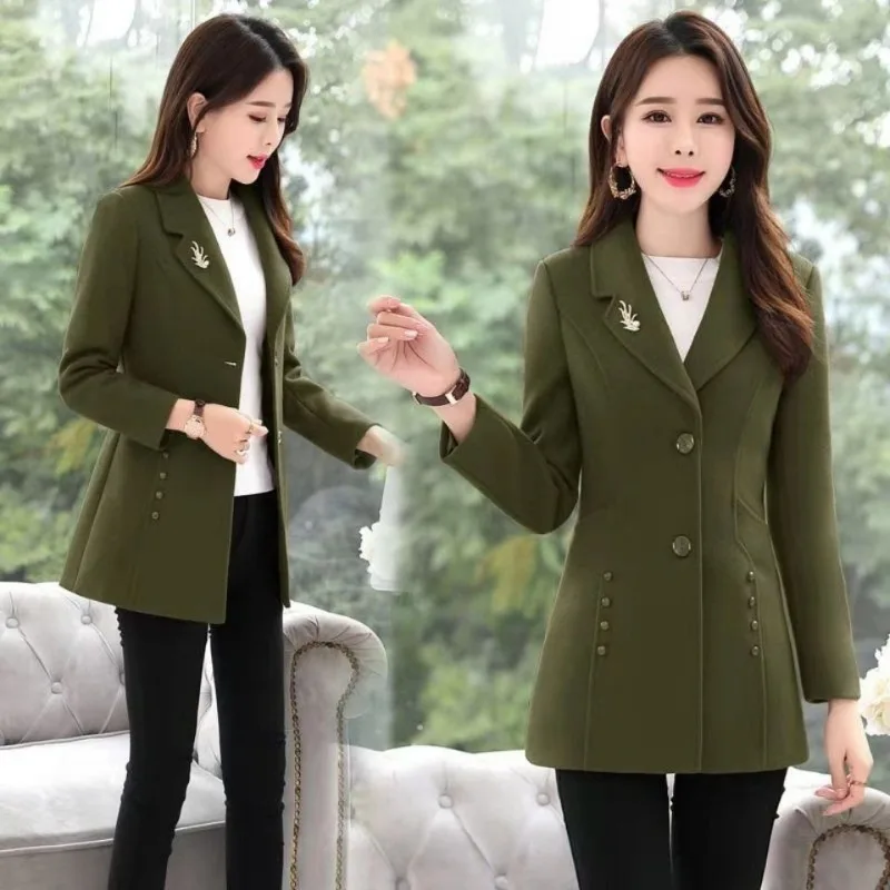 2023 New Women Temperament Slim-Fit Woolen Coat Female Mid-Length Korean Style Fashion Solid Color Casual Versatile Outerwear