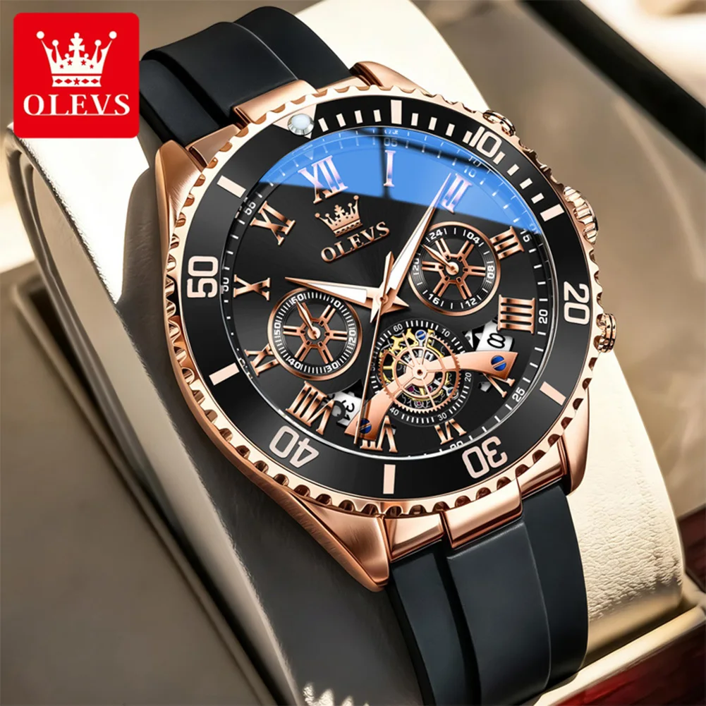 OLEVS Men Quartz Watch 2026 New Luxury Flywheel Design Original Silicone Strap Waterproof Luminous Chronograph Sports Man Watch