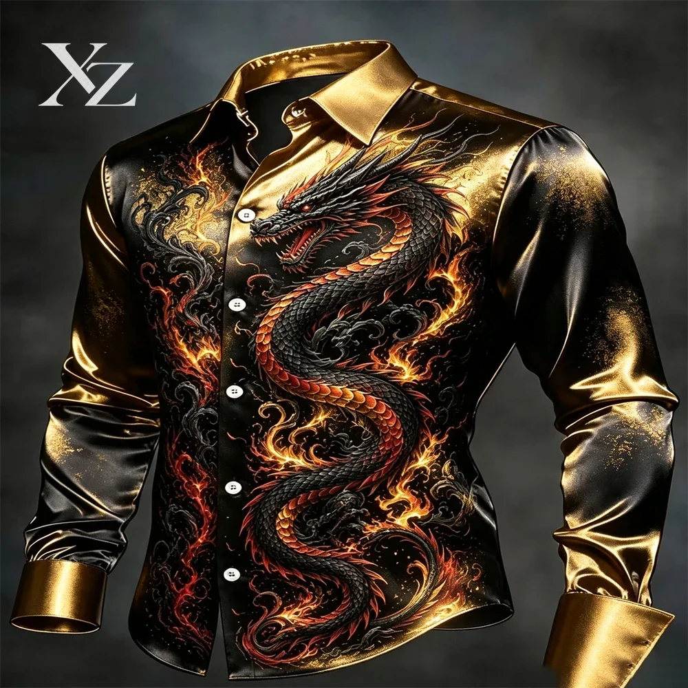 Fire Flame Chinese Dragon 3d Print Long Sleeve Tuxedo Shirt Men Women Fashion Casual Lapel Single-breasted Blouse Mens Clothing