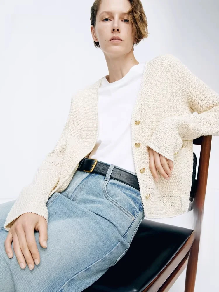 

Edition Knitted Open Cardigan Women's Spring New Sle Small Fraance Sle Hollow out Knitwear V-Ne Long Sve Cotton