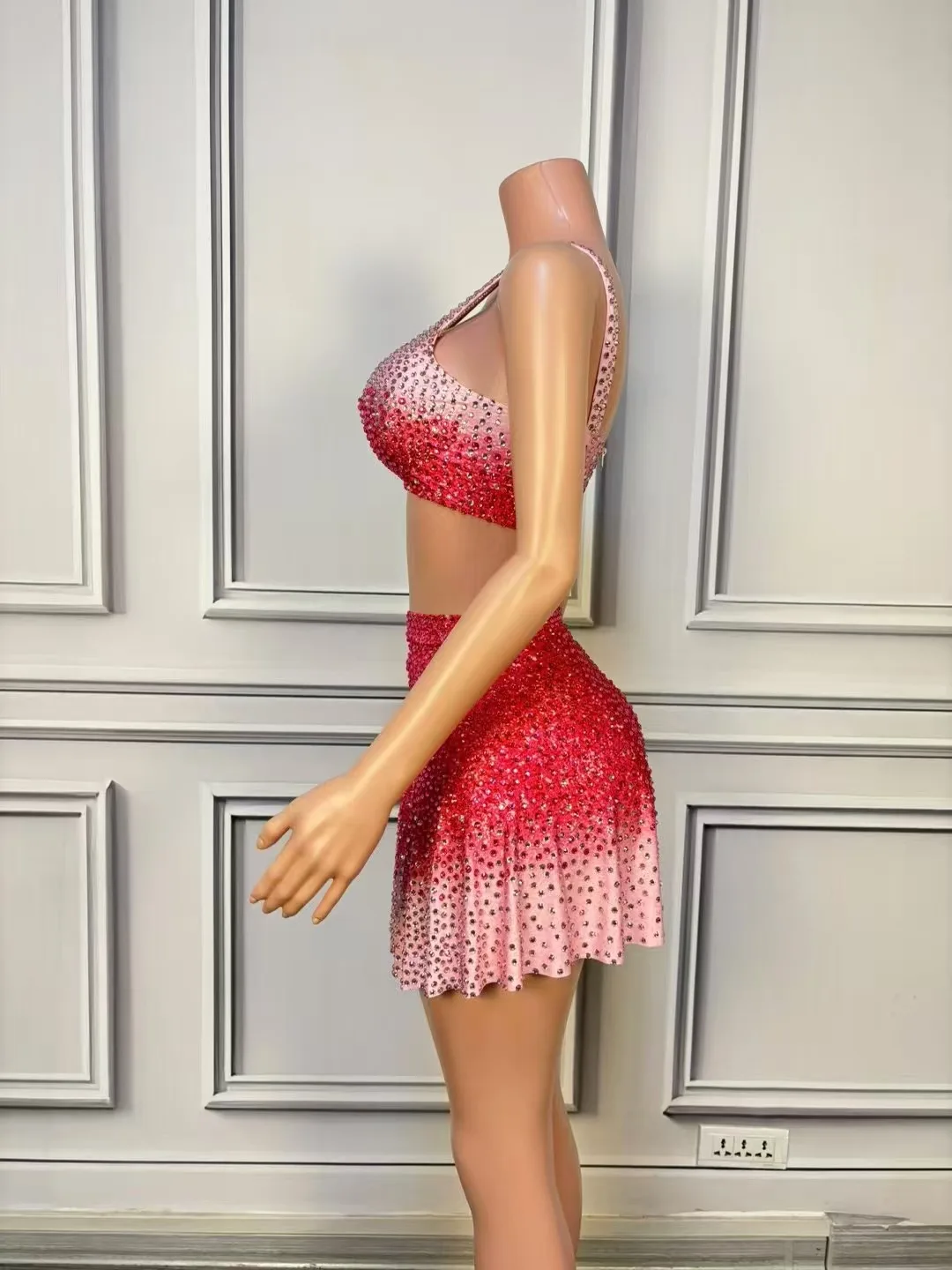 Women Sparkly Rhinestones Sexy Stage Dress Mesh Sleeveless See Through Celebrate Evening Prom Birthday Photoshoot Dress Set