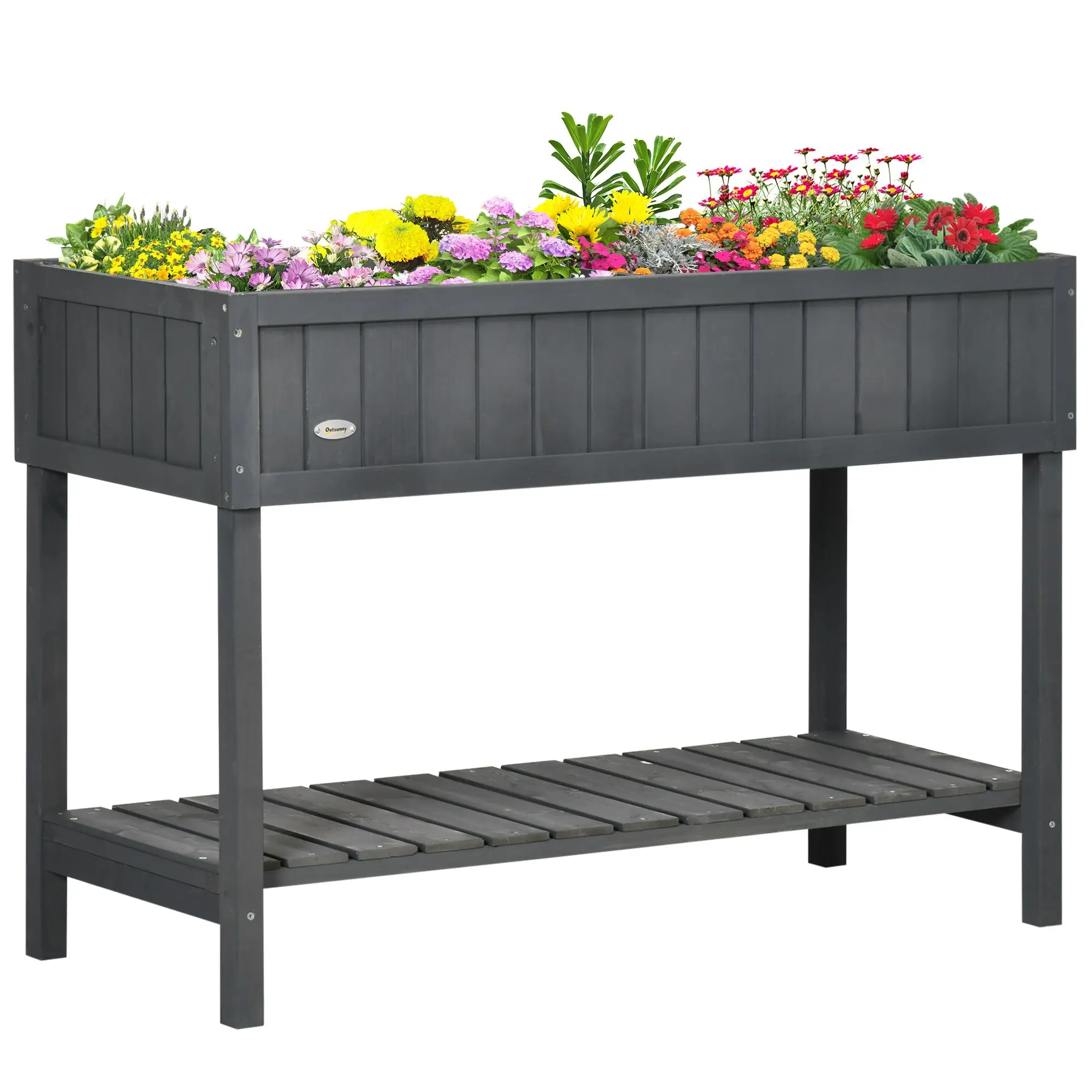 

Outsunny Elevated Planter Box Stand Wooden with 8 Slots and Shelf Dark Grey for Herbs Veggies Flowers