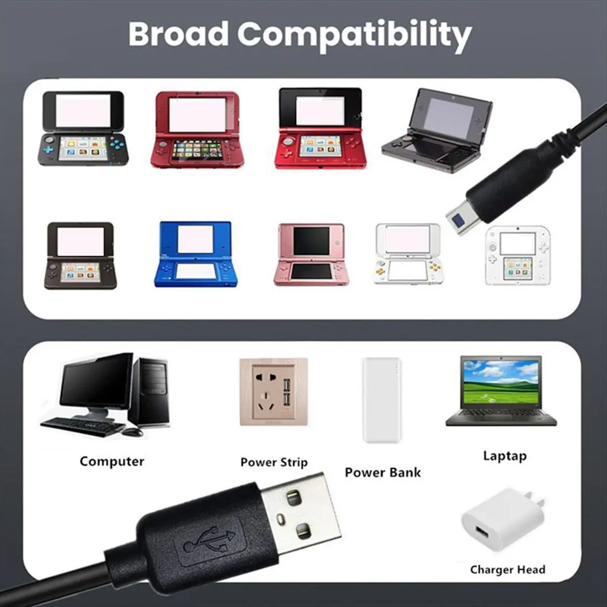 Punctual- USB Charging Cables for Nintendo New 3DS XL/New 3DS/3DS XL/3DS/New 2DS XL/New 2DS Controller Game Accessories