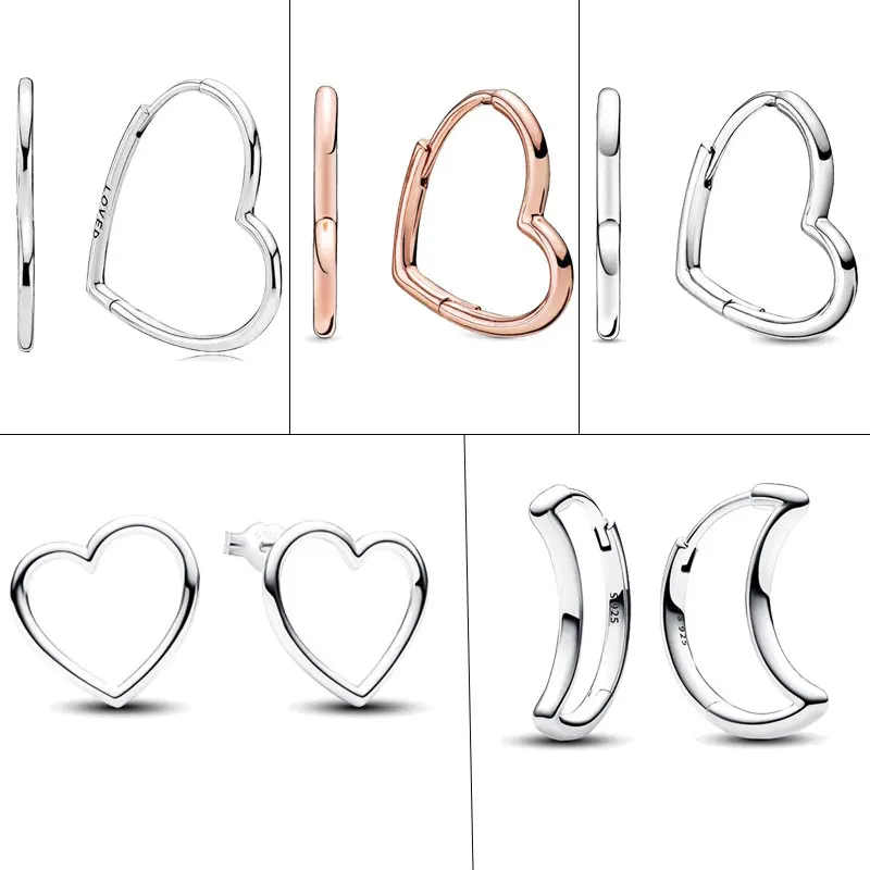 

2024 New 925 Silver Asymmetrical Heart Hoop Earrings Front-facing Heart Stud Earrings DIY Women Pandor Earring Fine Jewelry