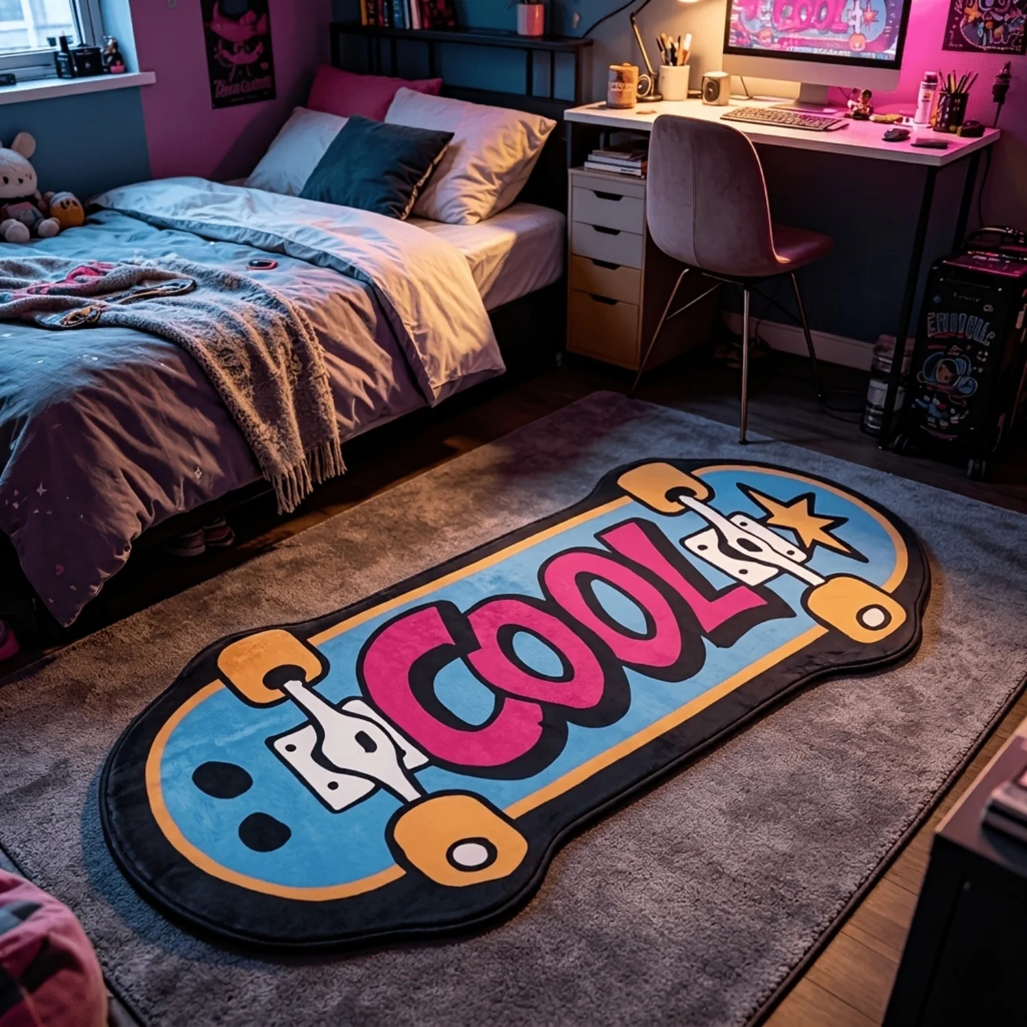 YIKAX Cool Skateboard Shaped Rug - Aesthetic Cutecore Room Decor Funky Cut out Design for Bedroom Living Room