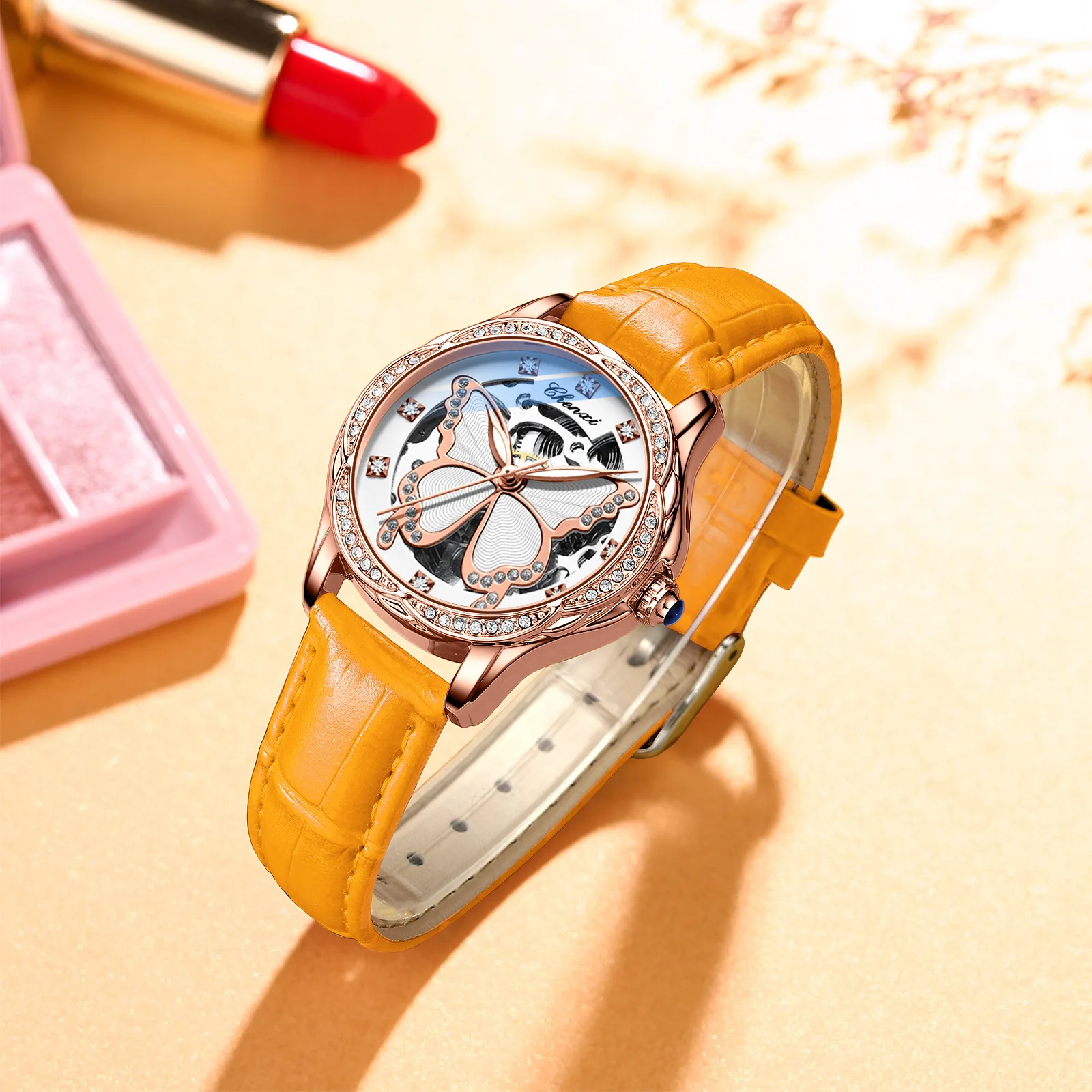 Chenxi's new Aima Orange Butterfly dial fashionable diamond inlaid watch for women, fully automatic mechanical watch NO4