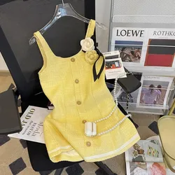 2024 French Small Fragrance Yellow Sling Dress Women Summer High Quality Flower Bow Sexy Slim Vest Skirt Holiday Party Clothes