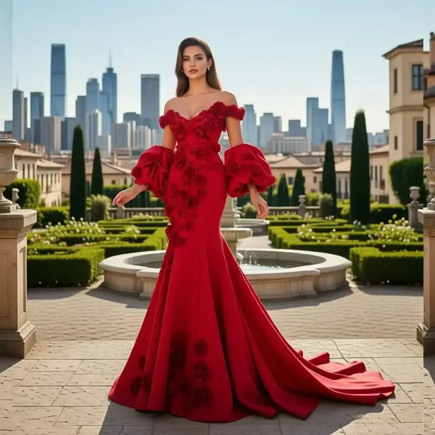 

Красное вечернее платье-русалка из атласа с 3D-аппликацией в виде роз, длинным шлейфом, открытыми плечами и вырезом «сердечко» — роскошное платье для торжественных случаев