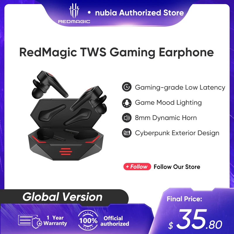 Nubia RedMagic TWS Gaming Earphone  for Redmagic 8s pro Wireless Bluetooth Earbuds 39ms Low Latency 4-16 Hours Battery Life